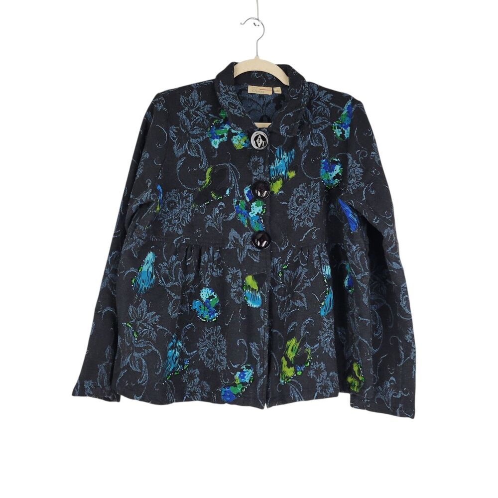 Choices Jacket Women's XL Quilted Floral Rug Boho Art To Wear Beaded Black Blue